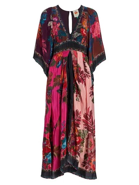 Farm Rio Colorful Kimono Style Floral Maxi Dress V Neck